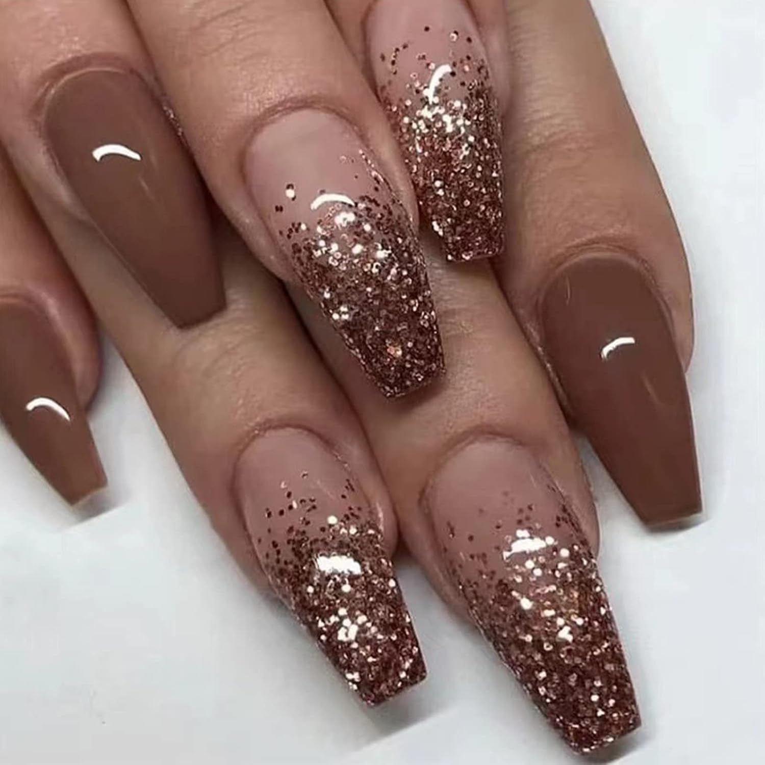 Coffin Press on Nails Medium Ballerina Glossy Glue on Nails Brown Gradient Acrylic False Nails Designs 24 Pcs
