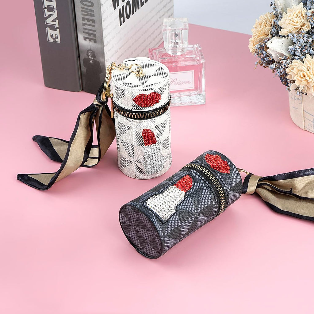 2 Pack Lip Gloss Case, Mini Lipstick Organizer for Perfume Fingernail Polish, Travel Leather Lipstick Bag with Keychain (Blue, White)