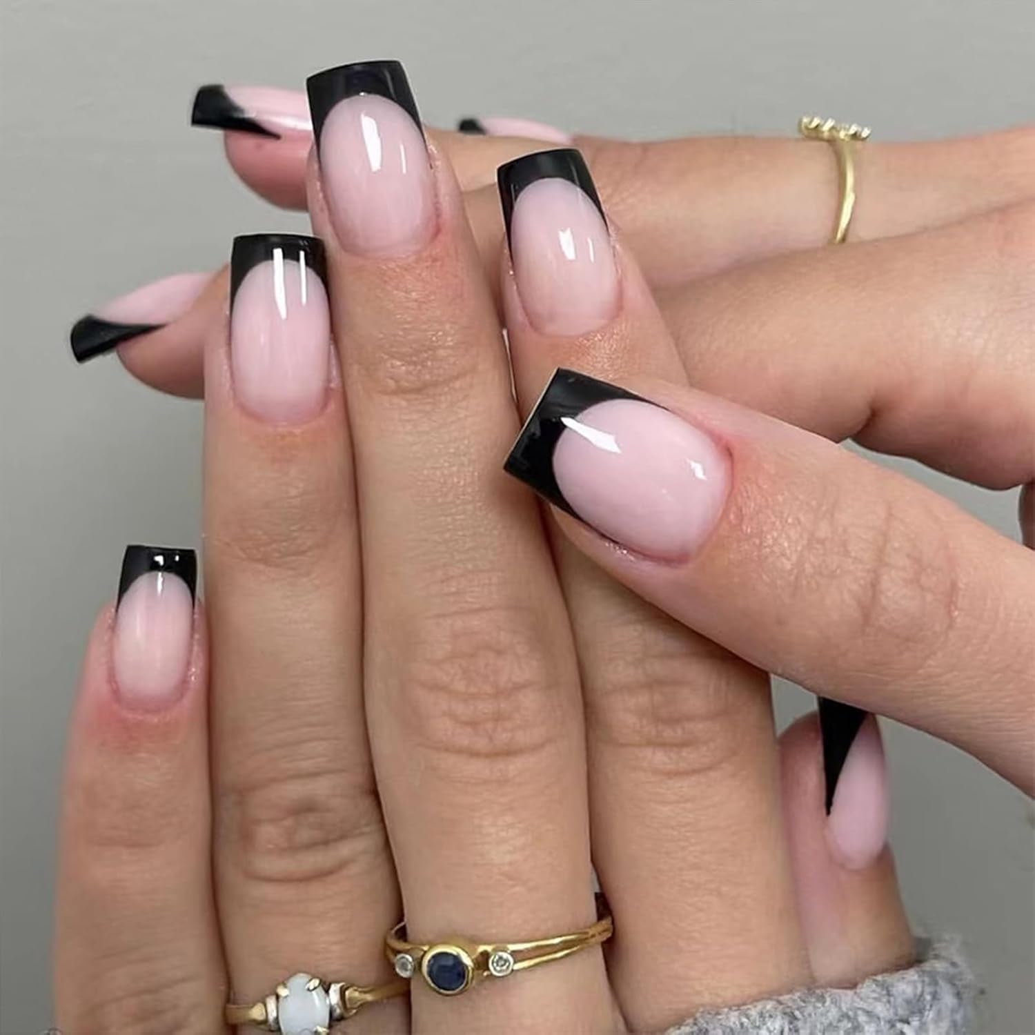 6 Pack French Tip Press on Nails - Almond, Square & Coffin Shapes, Short Fake Nails with Glue, Artificial Stick on Nails (White, Black)
