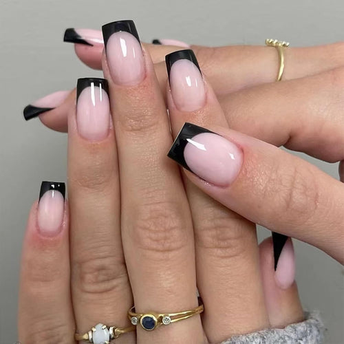6 Pack French Tip Press on Nails - Almond, Square & Coffin Shapes, Short Fake Nails with Glue, Artificial Stick on Nails (White, Black)