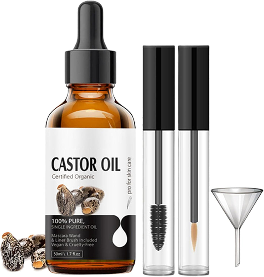Castor Oil for Eyelashes Growth, 100% Organic Pure, with Mascara Tube, Serum for Long Thick Eyelashes, Hair Growth, Face and Body Skin Moisturizer, Nail Care, Travel Friendly