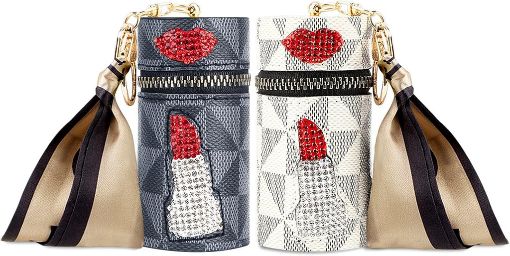 2 Pack Lip Gloss Case, Mini Lipstick Organizer for Perfume Fingernail Polish, Travel Leather Lipstick Bag with Keychain (Blue, White)