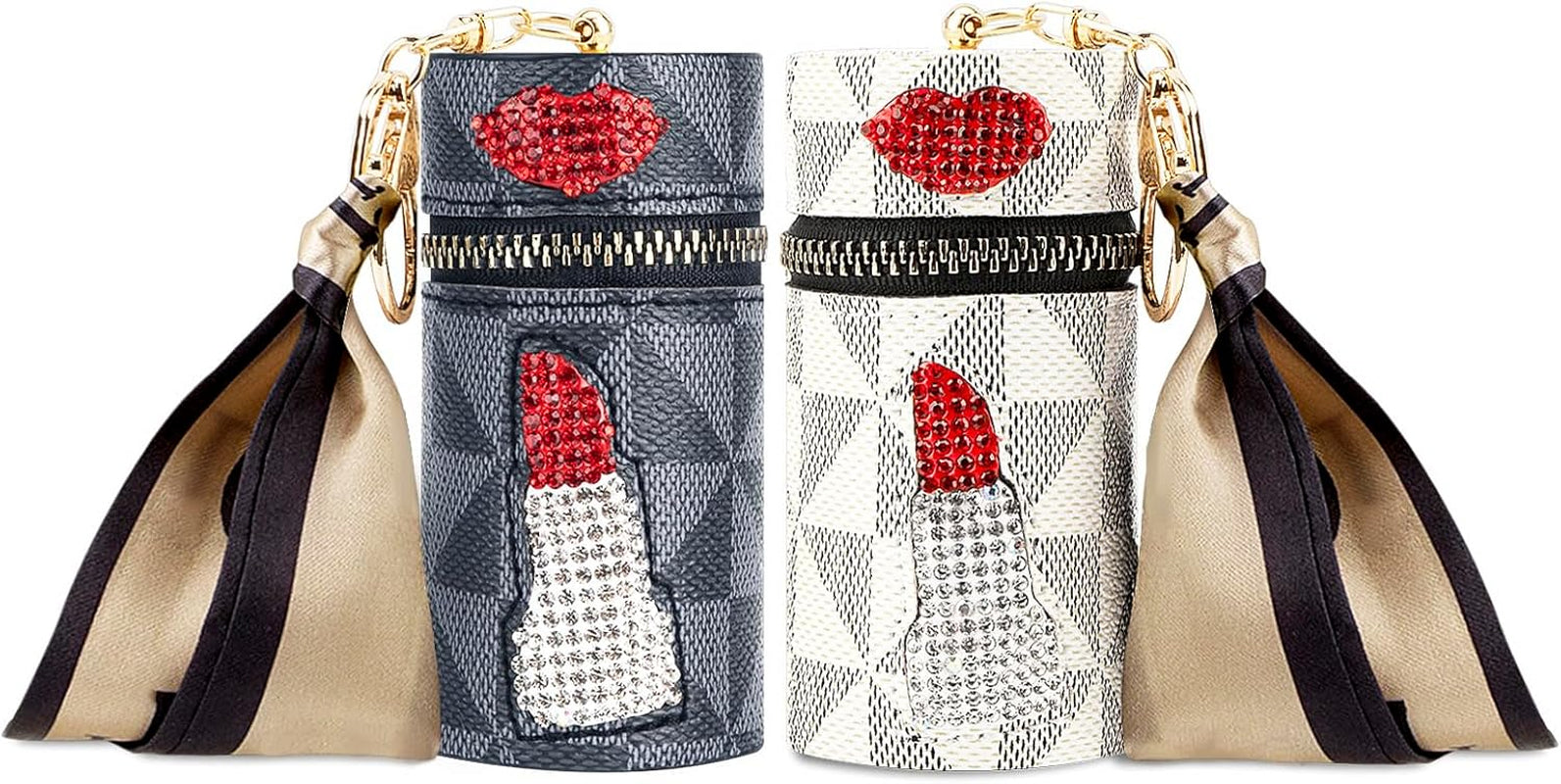 2 Pack Lip Gloss Case, Mini Lipstick Organizer for Perfume Fingernail Polish, Travel Leather Lipstick Bag with Keychain (Blue, White)