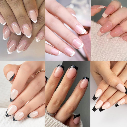 6 Pack French Tip Press on Nails - Almond, Square & Coffin Shapes, Short Fake Nails with Glue, Artificial Stick on Nails (White, Black)